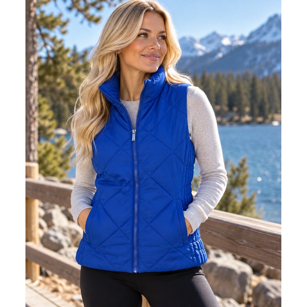 New York & Company Quilted Puffer Vest Women Medium Blue Excellent Mock Neck Zip